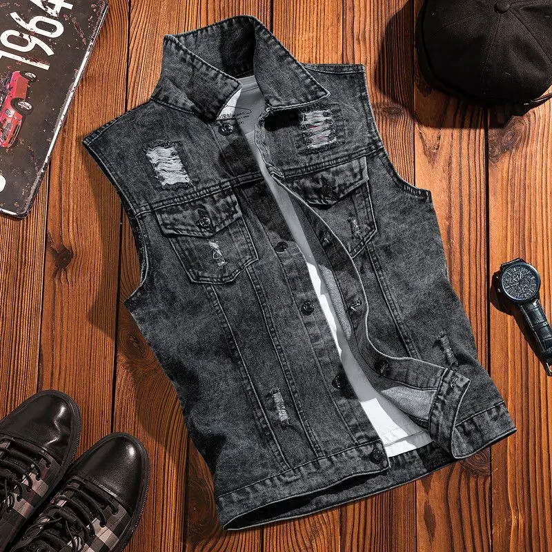 Quần áo bảo hộ lao động retro phong cách Hồng Kông, áo vest denim nam, thanh thiếu niên, rộng rãi, giản dị, đường phố, Thương Hiệu Thời Trang , áo ba lỗ không tay, áo khoác 2