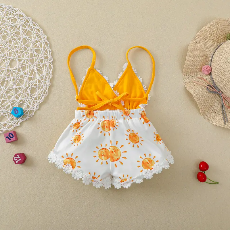 Newborn Casual Style Romper, Baby Girl Sleeveless Sun Print V-neck Playsuit with Decorative Flower Yellow 1