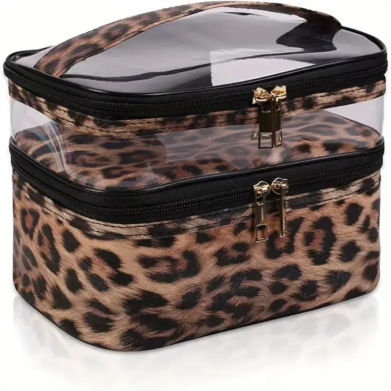 Cross-Border Leopard Print PVC Transparent Double Layer Cosmetic Bag Large Capacity Waterproof Wash Bag Portable Cosmetics Storage Bag