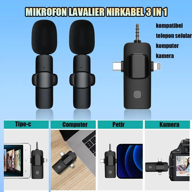 Mikrofon Lavalier K15 3 In 1 Mikrofon Nirkabel Untuk IPhone Type-C 3.5mm Dengan Mikrofon Siaran Langsung Mikrofon Klip Profesional Mikrofon Headset Ponsel Nirkabel 3 Untuk Siaran Langsung Earphone Mic Microphone wireless  lavalier
