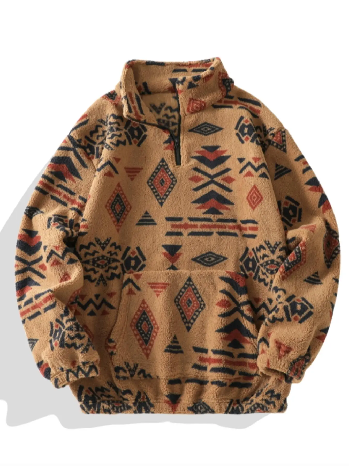Men's Geometric Print Zip Up Kangaroo Pocket Plush Sweatshirt, Casual Loose Long Sleeve Stand Collar Pullover for Fall & Winter, Men's Clothes for Daily Wear