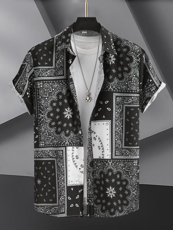 Men's Regular Fit Paisley Print Button Front Shirt, Summer Clothes, Boho Casual Short Sleeve Collared Top for Summer, Men's Clothes for Vacation Holiday Wear 4
