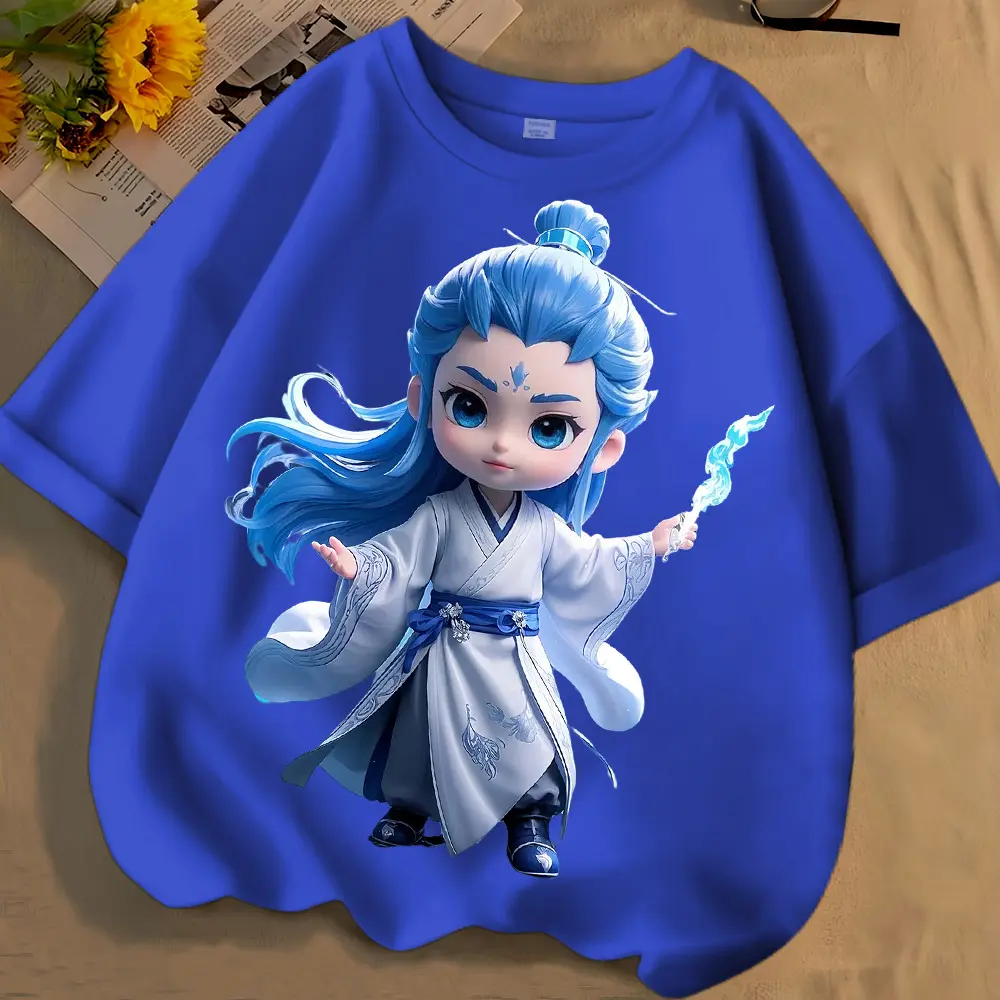 Chinese Style Nezha Ao Bing Spring Summer New Style Men Women Medium Large Children Short-Sleeved T-Shirt Pure Round Neck Loose All-Match Top