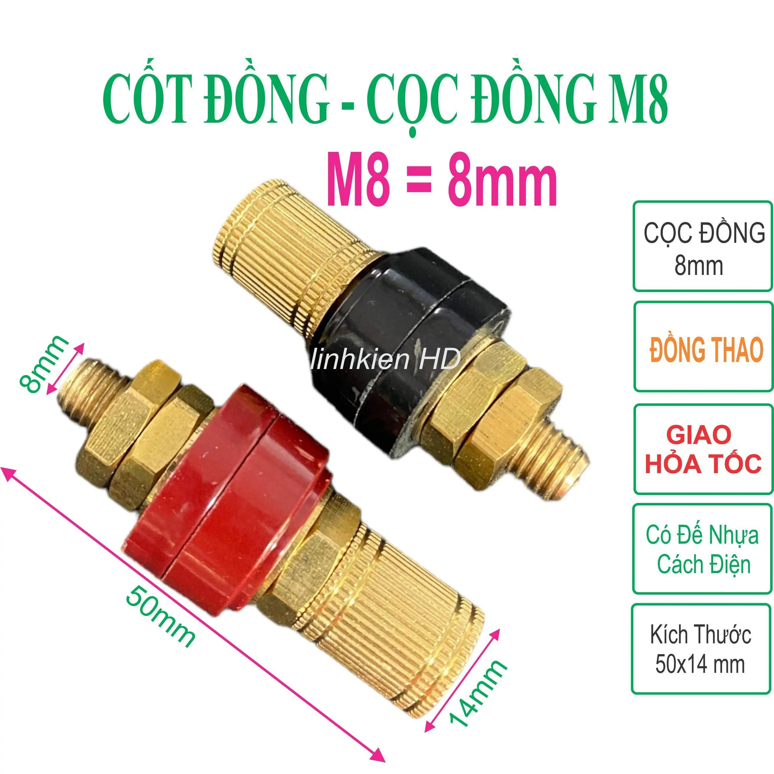 Cọc Đồng M8 - 8mm 200A Cốt Đồng (Đỏ + Đen), Lắp Bình PIN Acquy - LinhKien HD