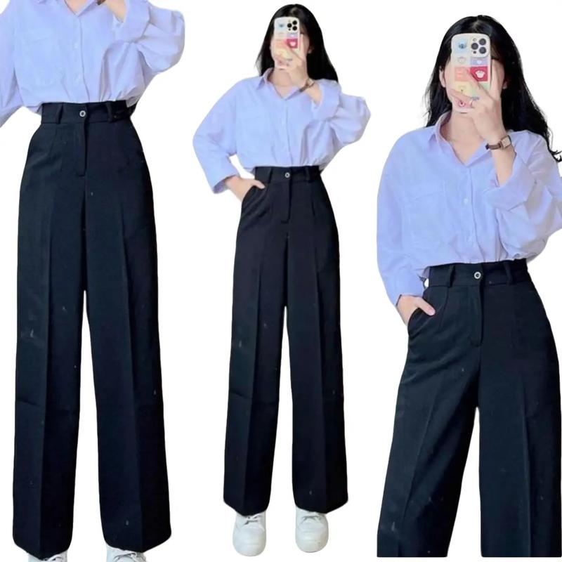 Quần ống rộng xuông dài 95cm nữ lưng cao 1 cúc dáng dài khóa trước màu đen chất vải Tuyết Mưa mặc đi học đi làm đi công sở Women Ong Pants