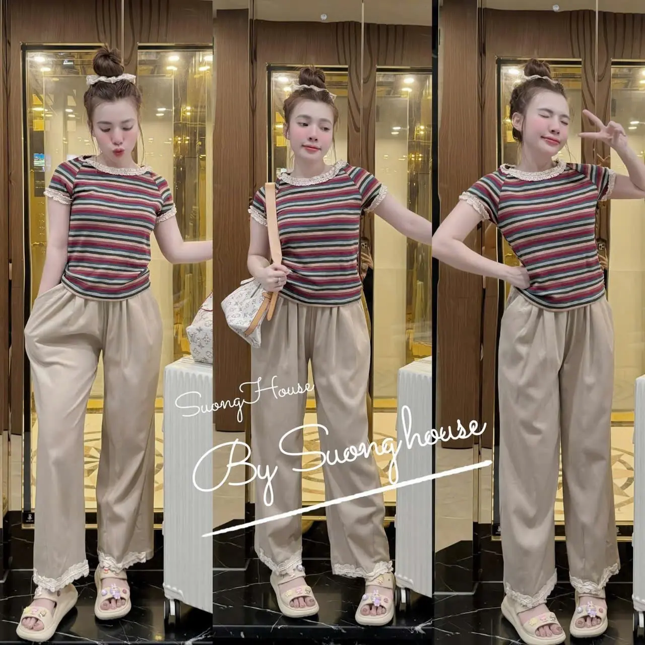 Sét thun tăm lạnh sọc - quần đũi ống xuông Women