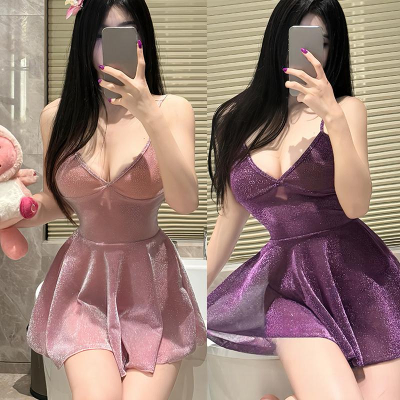 Product Introduction of Váy Ngủ, Dành Cho Phụ Nữ, Màu Tím, Sáng Bóng, Váy Ngủ, Họa Tiết Kẻ Sọc, Đồ Ngủ 4
