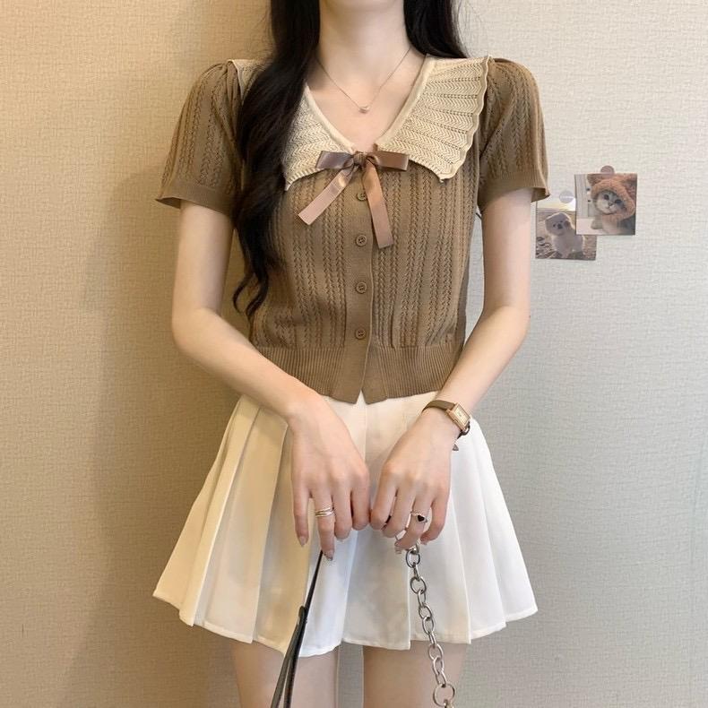 ￼Áo polo dệt kim croptop nữ tay ngắn kiểu sơ mi cổ bèo thắt nơ Áo cardigan tay bồng len mongtoghi QC
