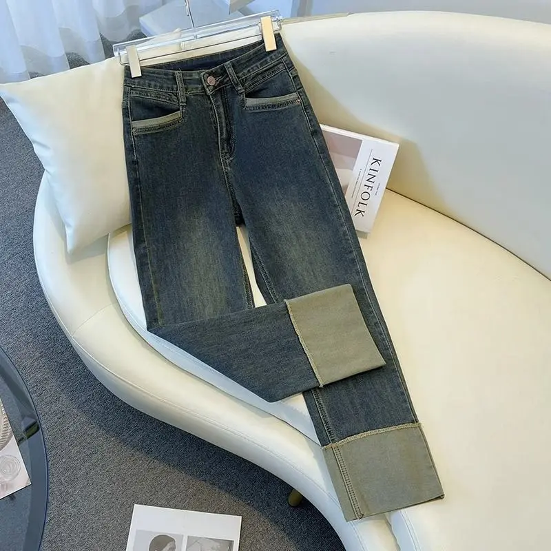 Q06 Quần jean ống đứng phối gấp gấu cá tính