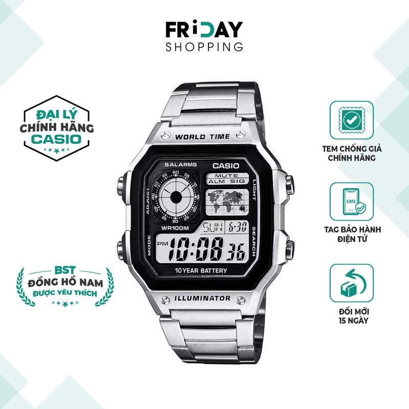 Đồng Hồ Nam Điện Tử Casio Watch AE-1200WHD-1AVDF Mặt Vuông Dây Kim Loại Đeo Tay Chống Nước 10ATM Chính Hãng