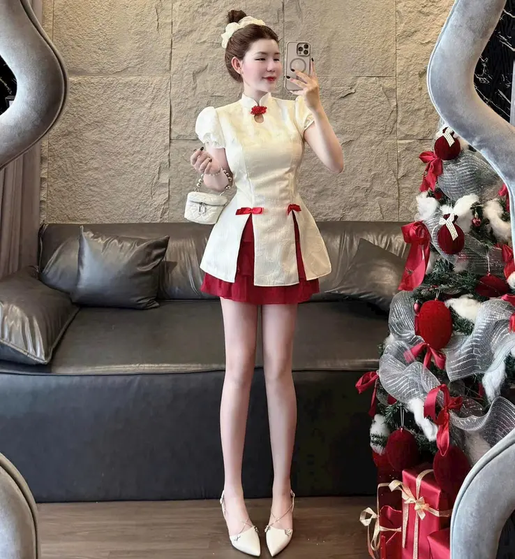 Bộ áo gấm cổ tàu tay phồng nữ tính đính nơ xẻ tà phối chân váy xòe cho nàng diện đi chơi noen, lễ tết - Women, Dress 1