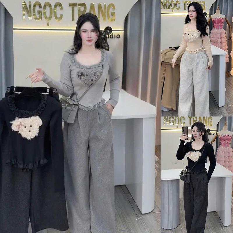 Set Bộ Quần Dạ Chú Chó Đáp Lông Cute Áo Ren Cổ Vuông Ôm Dáng Xám Be Đen Đồ Bộ Nữ Thu Đông Dễ Mặc By Thời Trang News