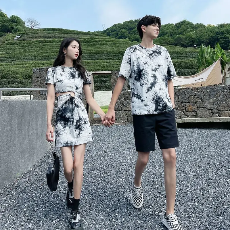 Couple's Summer Dress French Style Design Small One-Piece Dress Tie-Dyed Style Ink Painting Short Sleeve Summer Roora Skirt