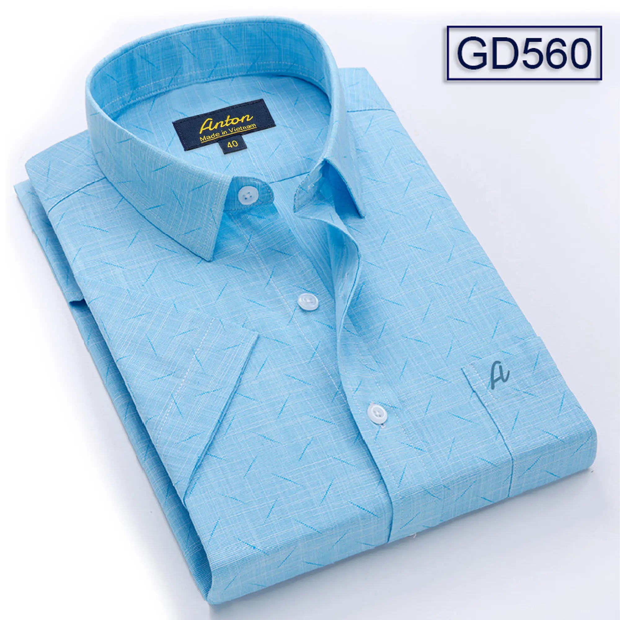 Áo Sơ Mi Nam Trung Niên Công Sở Anton Somianton Ngắn Tay Họa Tiết Xanh In Chìm Vải Sợi Tre Menswear Shirt Cổ Tròn - GD560