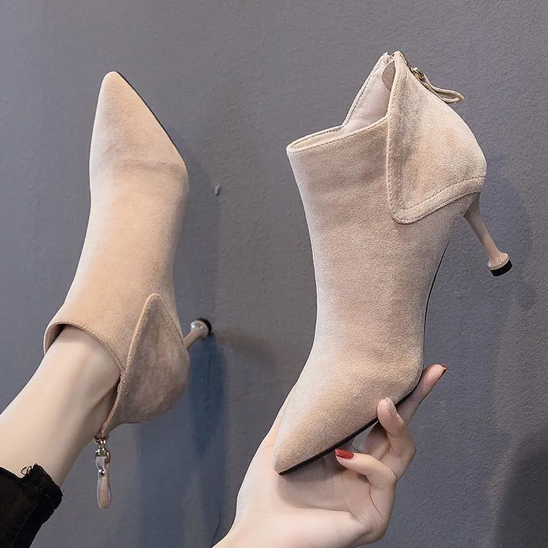 Pointed Toe Stiletto Mid Heel Ankle Boots 2023 New Autumn Winter Nude Color High Heel Internet Celebrity Versatile Slimming Short Suede Ankle Boots Boy