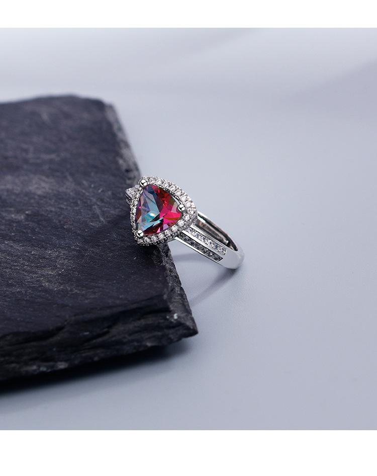 Product Introduction of New Colorful Diamond Ring for Women Fashionable Elegant Open Ring European and American Light Luxury Style AB Color Triangle Zircon Ring 7
