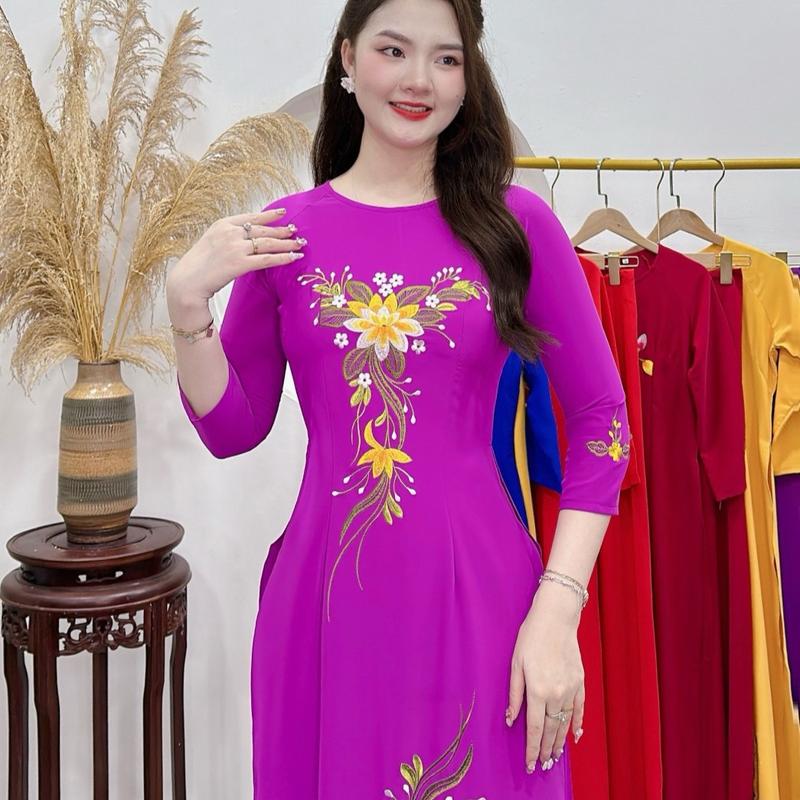 Set Áo Dài Vải Lụa Mỹ Màu Tím Cẩm Thêu Truyền Thống Nữ Tim Women xxl trang phục truyền thống Kem Dress Kim Tuyến 1