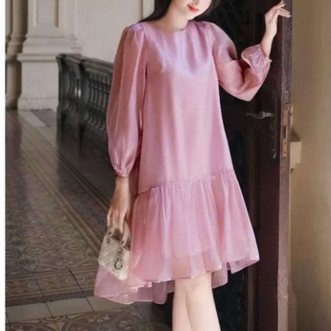 Váy bầu dài tay thiết kế màu hồng organza cao cấp[VB41] 2