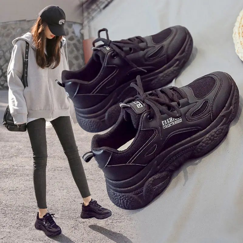 2024 Summer New Versatile Dad Sneakers for Women, Internet Celebrity All-Black Sports Shoes, Thick-Soled Non-Slip Running Travel Shoes Comfort
