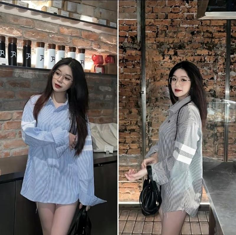 Áo sơ mi nam nữ tay dài sọc caro thêu chữ trẻ trung chất lụa mềm mịn thoáng mát mẫu mới cao cấp_MINH KHÔI SHOP01 Menswear Shirt Cổ Tròn giặt bằng nước lạnh đơn thuần áo  sơ  mi  nam  sọc  xanh  dương