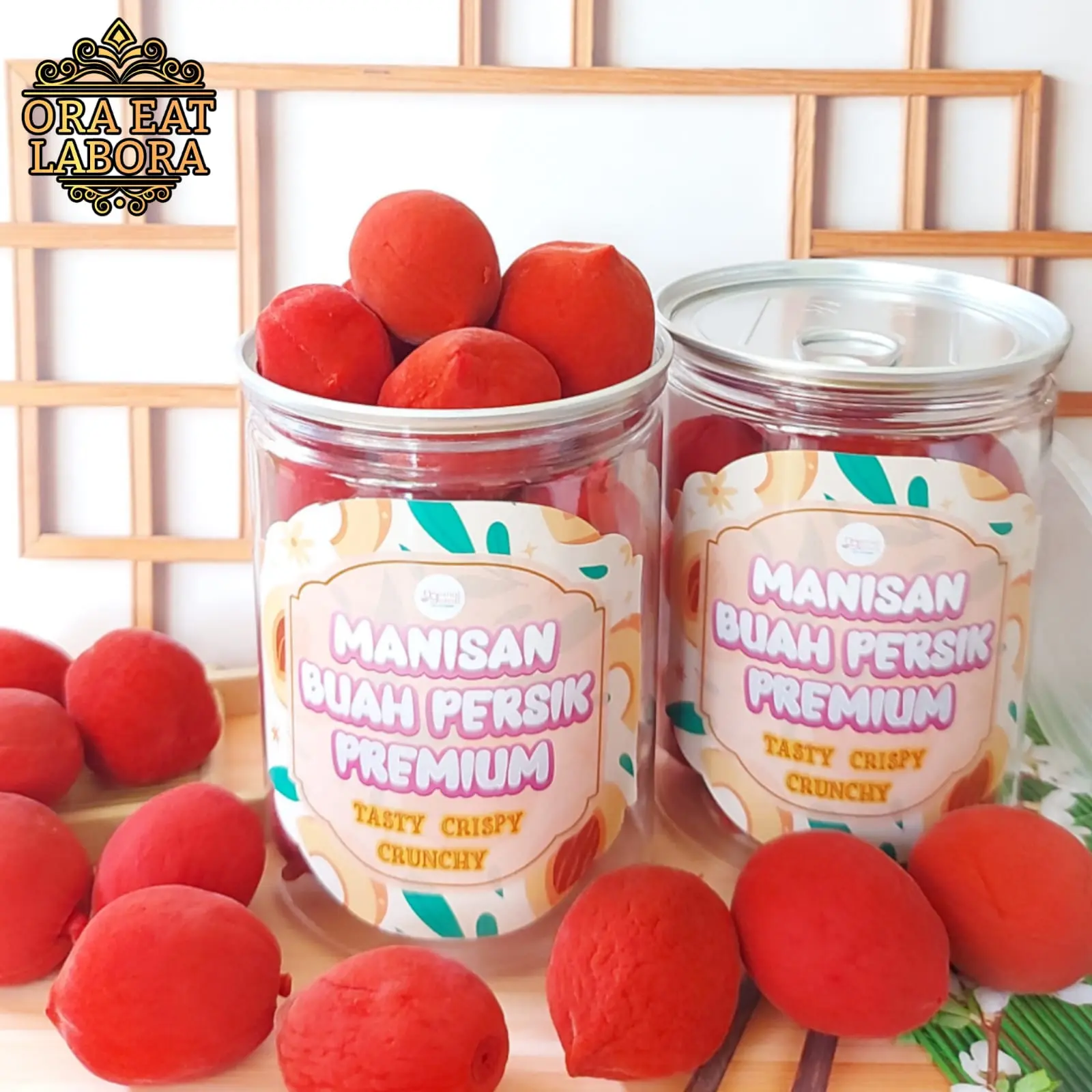 Can manisan Buah Persik Merah Impor Red Crunchy Peach Kualitas Premium - Ora Eat Labora jelly manis