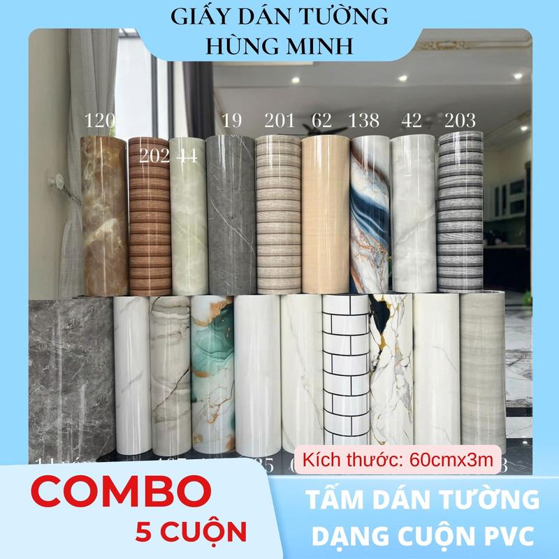 [ CUỘN DÁN TƯỜNG PVC - Combo 5 Cuộn ] Giấy Dán Tường PVC Có Keo THP Được Phủ Nhựa PVC Sẵn Keo Hoạ Tiết Vân Đá Chịu Nhiệt Không Bám Dầu Mỡ Decor Phòng Không Gian Bếp Phòng Ngủ Kích Thước 60cmx 3m