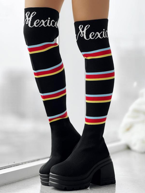 Women's Fashion Striped Print Over-the-knee Boots, Punk Style High Heel Boots for Fall & Winter, Trendy Letter Print Chunky Heel Boots 3