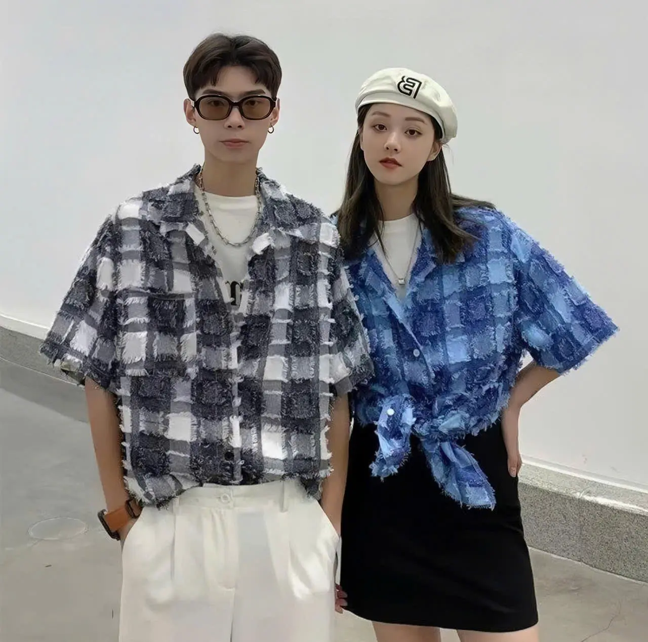Áo Sơ Mi Mùa Hè UNISEX Nam Nữ Có BIGSIZE ,Vải cotton thiết kê trẻ trung , hoạ tiết ô vuông tua rua phong cách trẻ trung