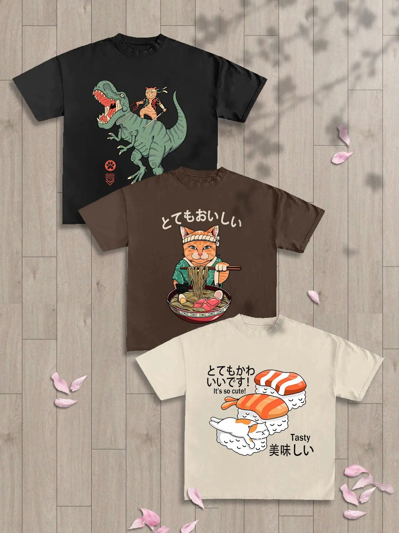 Men's Sushi & Cat Print Round Neck Tee, Loose Casual Short Sleeve T-shirt for Daily Wear, Men's Top for All Seasons