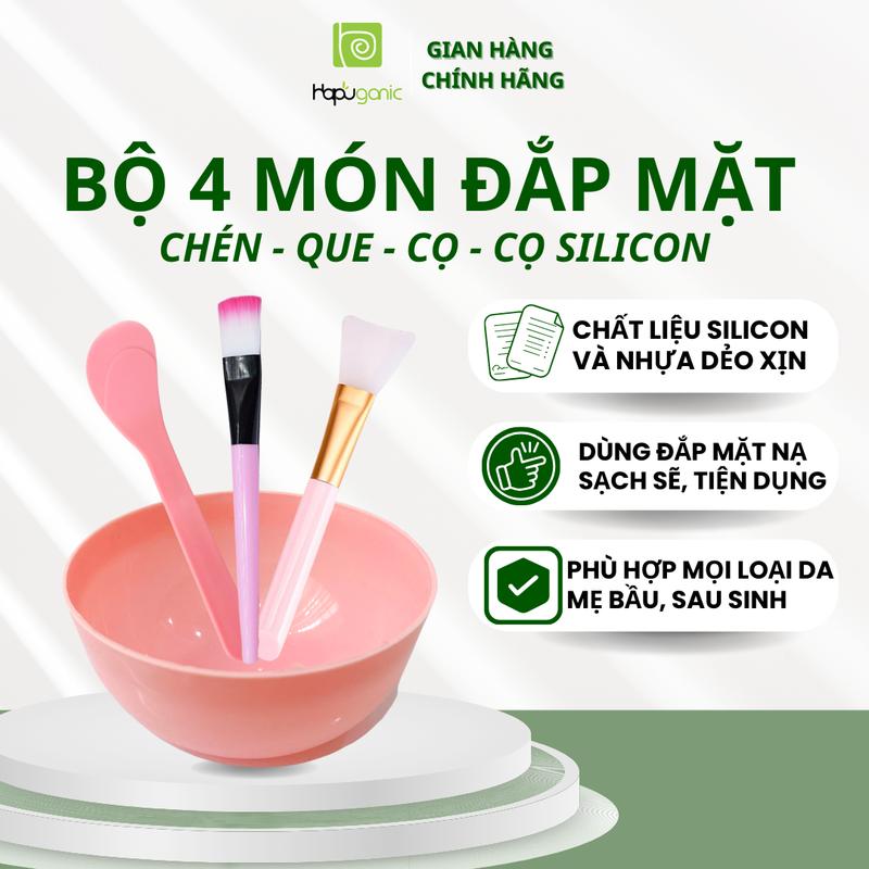 Bộ Bốn Món Bát Trộn Que Nhựa Cọ Lông Cọ Silicon Đắp Mặt nạ Hapu Organic Nữ