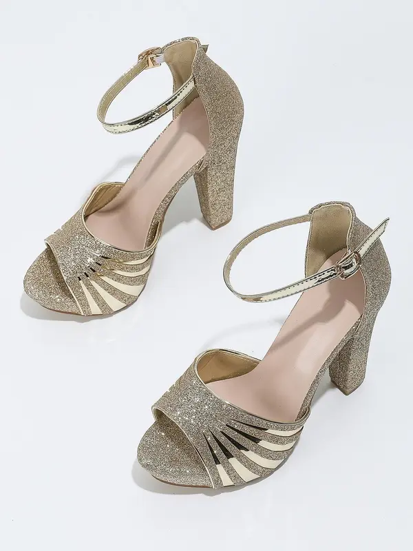 Women's Fashionable Glittering High Heel Sandals, Elegant Buckle Design Sandals for Party, Daily Clothing Decor for Women & Girls 7
