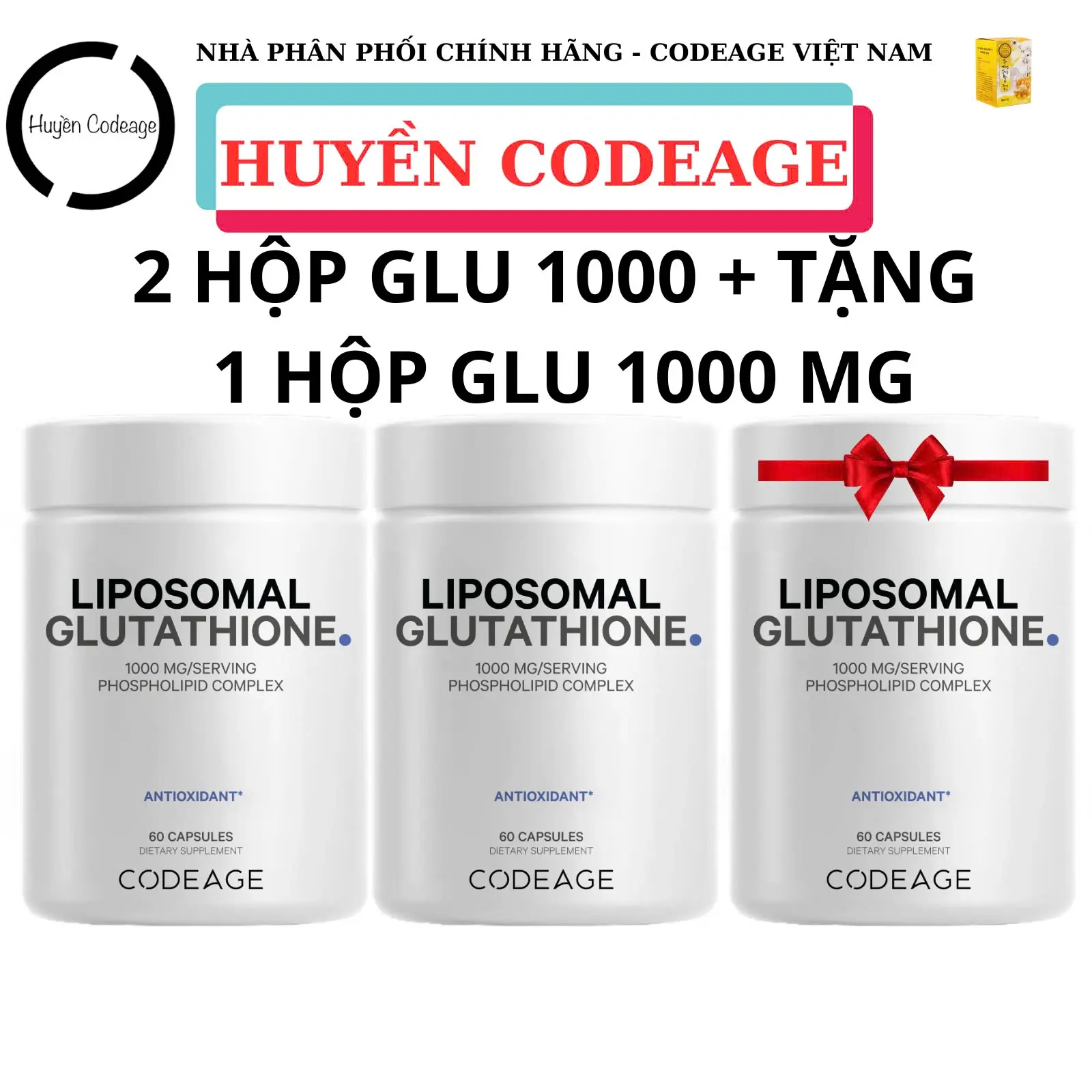 ( GLU 1000) (2 Hộp Glu 1000,ĐT tặng 1 Hộp Glu 1000mg )Combo 2 Hộp Liposomal Glutathione 1000mg Codeage  (60 viên )(chọn quà theo nhu cầu), Hỗ Trợ sức Khỏe - Huyền Codeage dha trắng