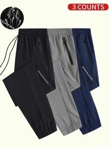 Men's Letter Print Quick Drying Breathable Pants, 3 Counts/set Regular Fit Casual Comfy Trousers for Daily Wear, Men's Bottoms for All Seasons, Clothing