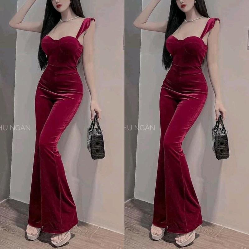  Set jum  quần ống loe chất co dãn 2 màu đen đỏ  Trơn Nữ Women Nhung 