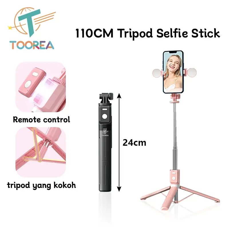 TOOREA 110cm Tongsis Selfie Stick Tripod Bluetooth Remote 3 in 1 Portable Flexible Holder Dukungan Stabil untuk Handphone LED Lampu Vlogging