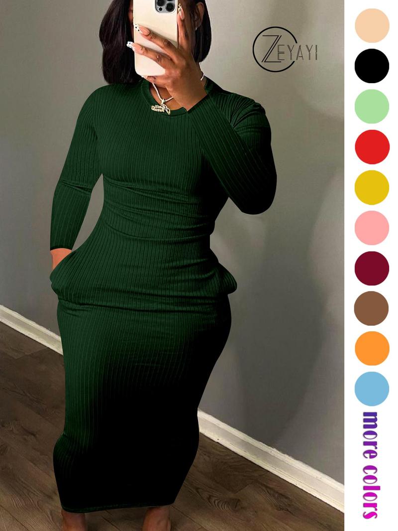 Product Introduction of Women's Solid Pocket Long Sleeve Bodycon Dress, Elegant Round Neck Dress for Party Holiday Wedding Guest, Ladies Fall & Winter Clothes, 2025 Trend, Spring & Fall Clothing, Going Out Dresses 7