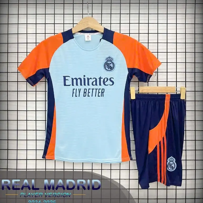 Áo đá bóng CLB Real Madrid – Real màu Xanh, Vải thun lạnh thấm hút, co giãn thoải mái, logo áo quần thêu, có dây rút quần