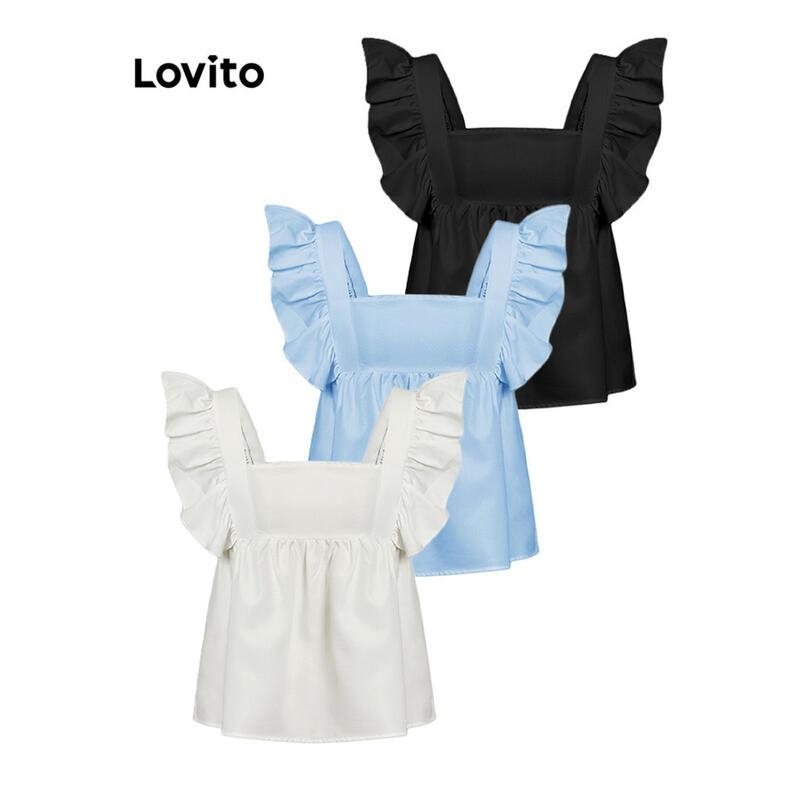 Product Introduction of Lovito Casual Plain Bow Back Tank Top for Women LNA26132 Blue/Black Blouse Fit Sleeve Korean Korean Style Loose Polyester Comfort Shirts Lingerie Basic Cute Minimalist 0