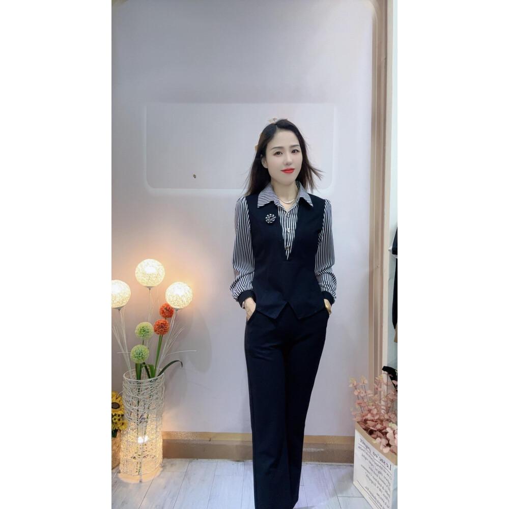 [ready stock]FADFAD Setelan Dua Potong Palsu  Pakaian Wanita Atasan Kemeja Gaya Kasual + Celana Panjang Gaya Kasual