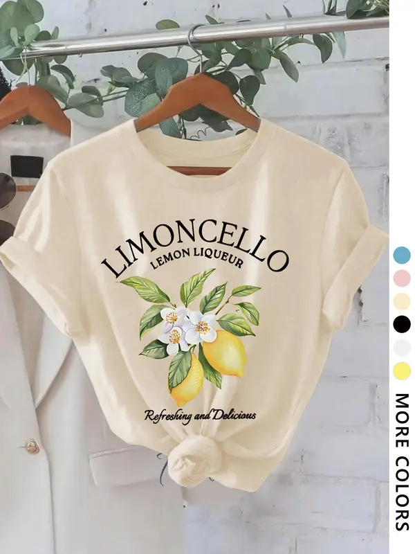 Women's Lemon & Letter Print Round Neck Tee, Vintage Trendy Casual Crewneck Short Sleeve T-shirt for Daily Wear, Ladies Summer Top, Fitted Womenswear 3