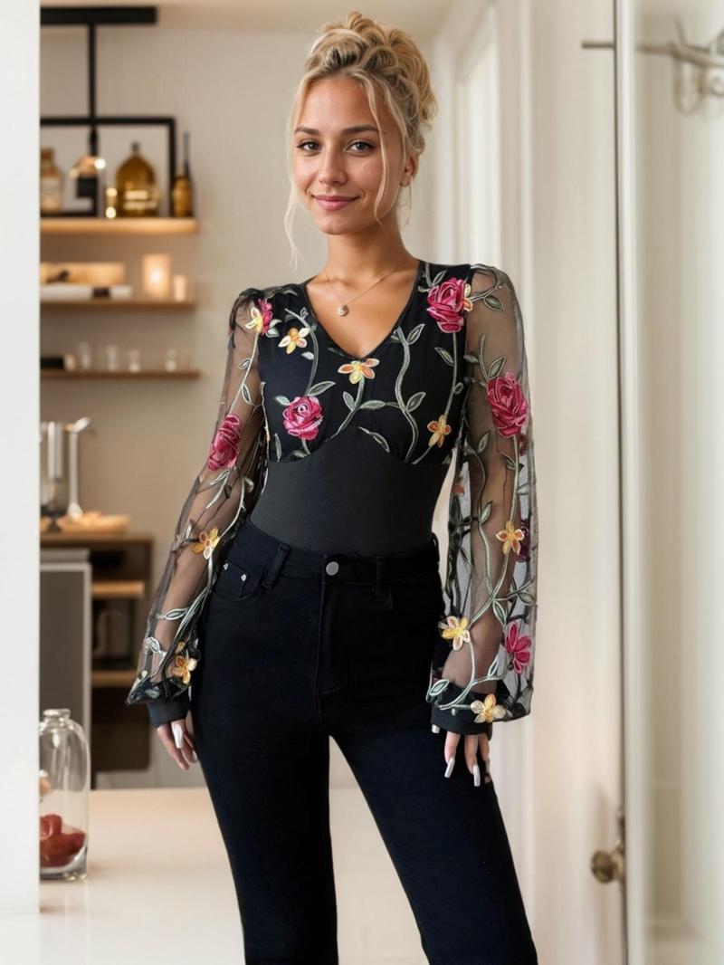 Product Introduction of Women's Floral Embroidery V Neck Long Sleeve Bodysuit, Casual Bodysuit for Daily Wear, Ladies Clothes for All Seasons 3