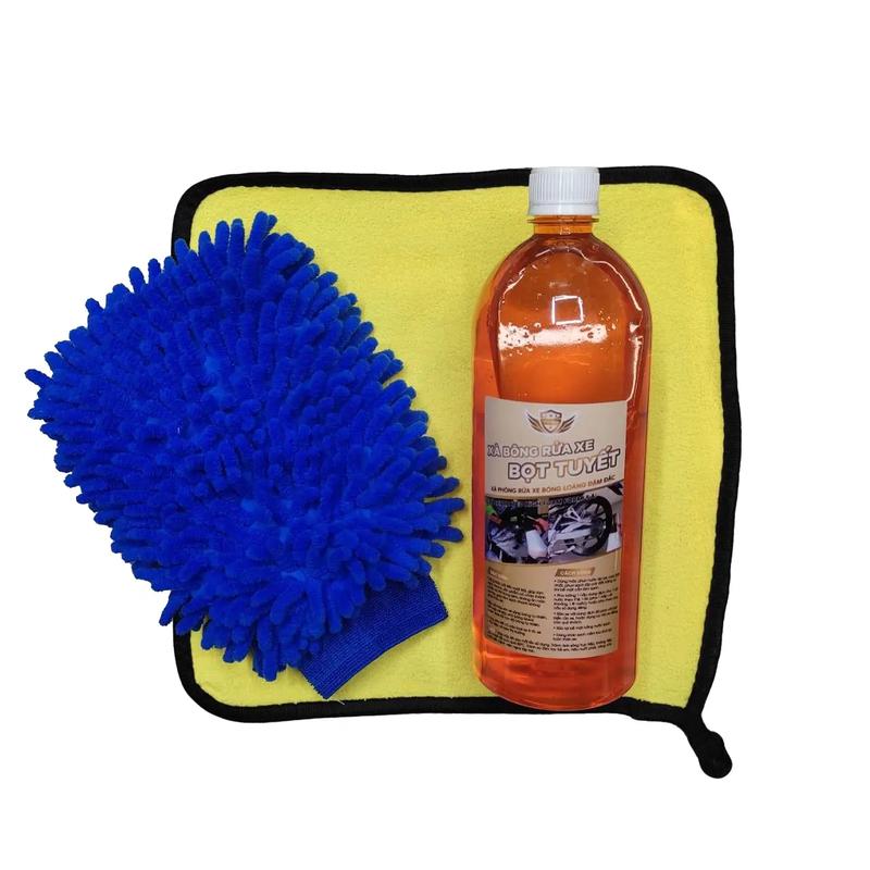 Xà bông bọt tuyết có chạm Võ Gia chai 1L - bao tay rửa xe - khăn lau xe 30x 30 - dùng rửa xe máy oto xe điện Phụ Kiện