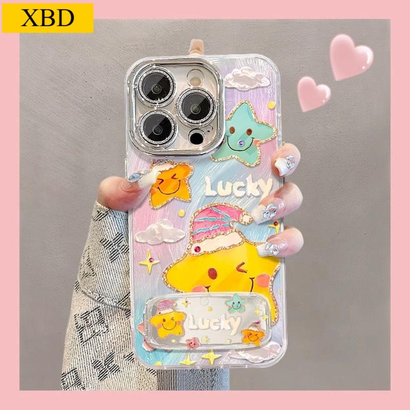 Ốp Điện Thoại Thiết Kế Mặt Cười Ngôi Sao Dễ Thương, Tương Thích Với iPhone 16, 15, 14, 13, 12, 11, Pro Max, Plus, XR, X, XS Max, 8, 7 Plus, Màn Hình Mịn, Với Vải Lông Vũ Lỗ Mịn, Phim Ống Kính Tích Hợp, Ốp Lưng Chống Sốc, Với Giá Đỡ Gấp Gương Nhỏ Cùng