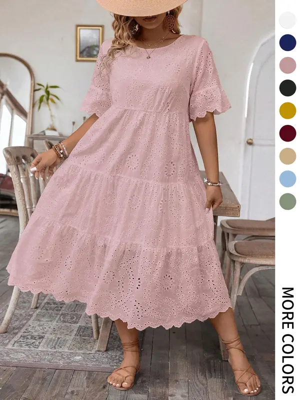 【Plus Size】 Plain Eyelet Embroidery Dress, Casual Bohemian Fashion Round Neck Dress for Daily Holiday Vacation Wear, Women Plus Clothing for Summer, Womenswear, Plus Size Dresses, Plus Size Tummy Flattering Dresses, Floral Lace Dress 1