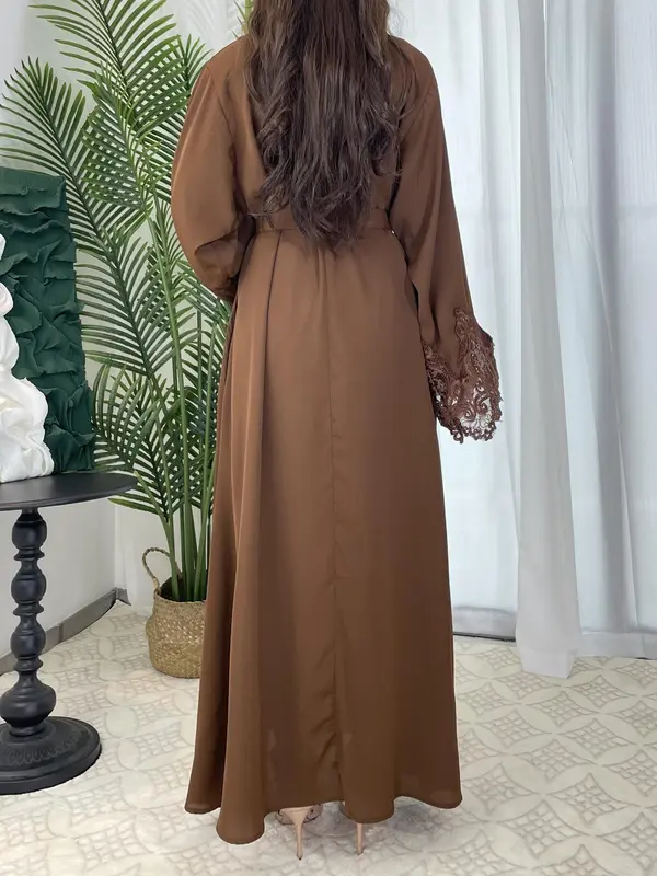 Arabic Clothing-Women Embroidered Abaya Dress, Fashion Contrast Lace Long Bell Sleeve Loose Maxi Arabian Dress with Belt, Islamic Clothes Caftan, Maxi Dresses for Women, Summer Outfits 2024, Bridal Abaya 3