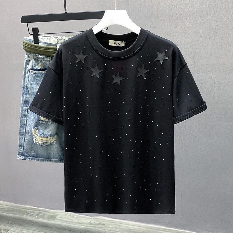 Áo phông cộc tay khảm Đá thêu sao Unisex Cổ Tròn Nam nữ Menswear 2