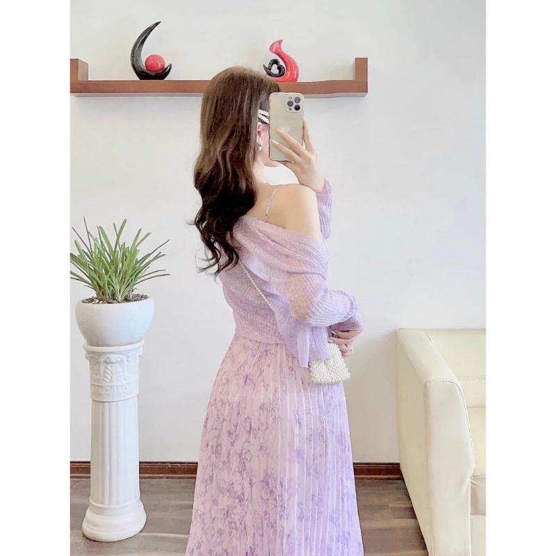 Đầm xoè voan hoa 2 dây dập ly kèm áo khoác siêu xinh V086 Dress 2
