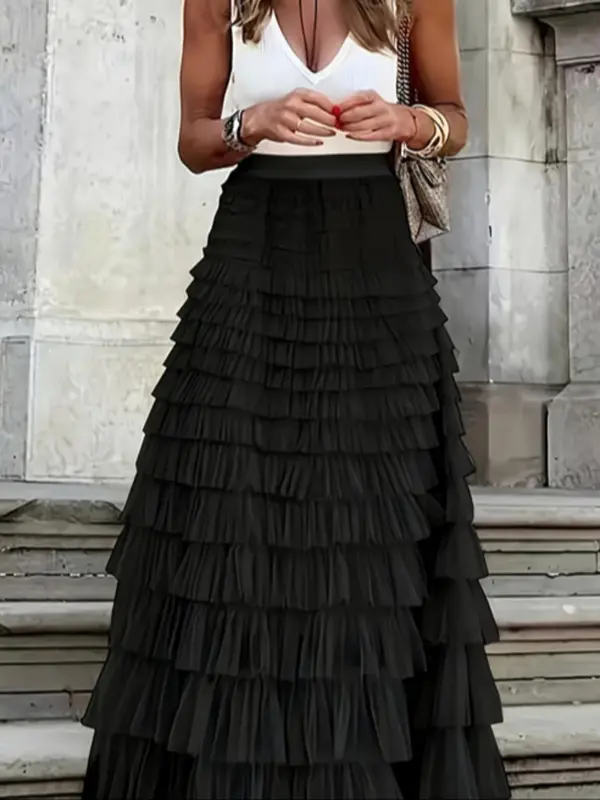 Women's Plain Ruffle Hem Tiered Layer Skirt, Elegant High Waist Long Skirt for Vacation Holiday Party, Ladies Bottoms for All Seasons,  Skirt 2