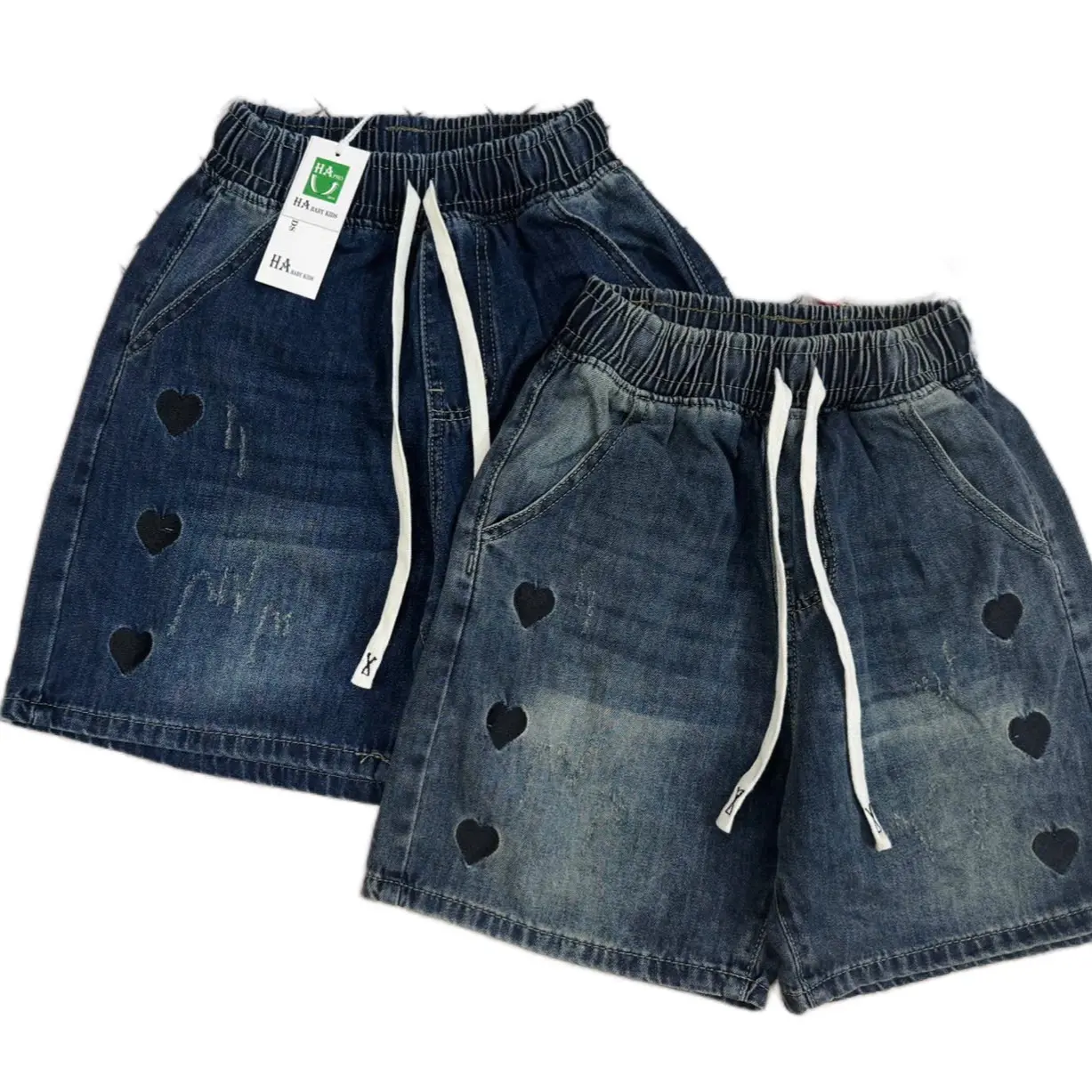 Quần sọt ngố jean nữ lưng thun thêu tim cute size từ 28kg-65kg - Women's Pants quanjean den jeans