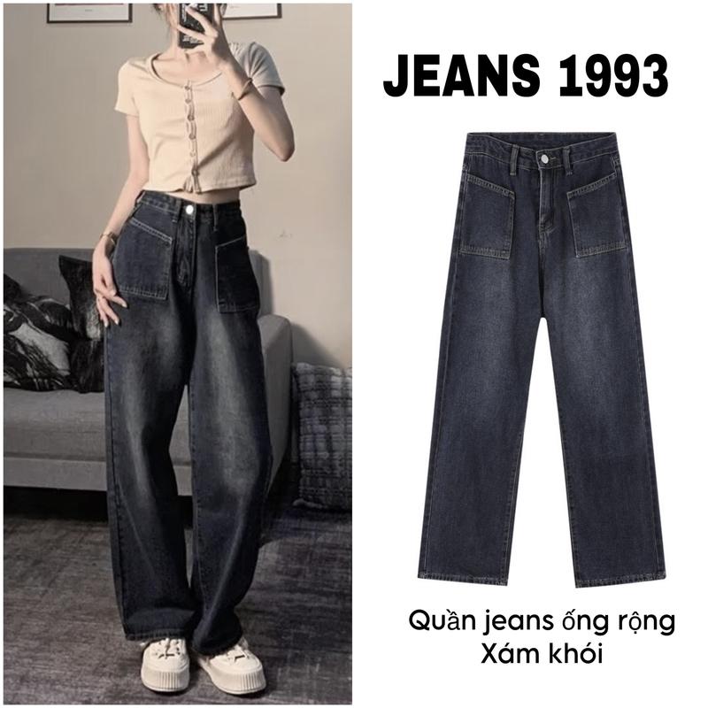 Quần jeans ống rộng túi xéo màu RETRO xám khói Nữ Women